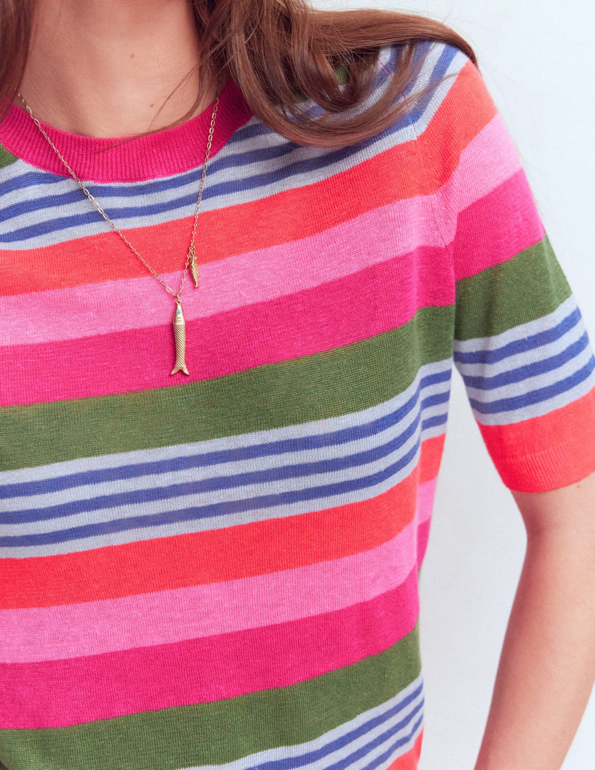 Agnes Linen Button T-Shirt-Multi Stripe - Image 2