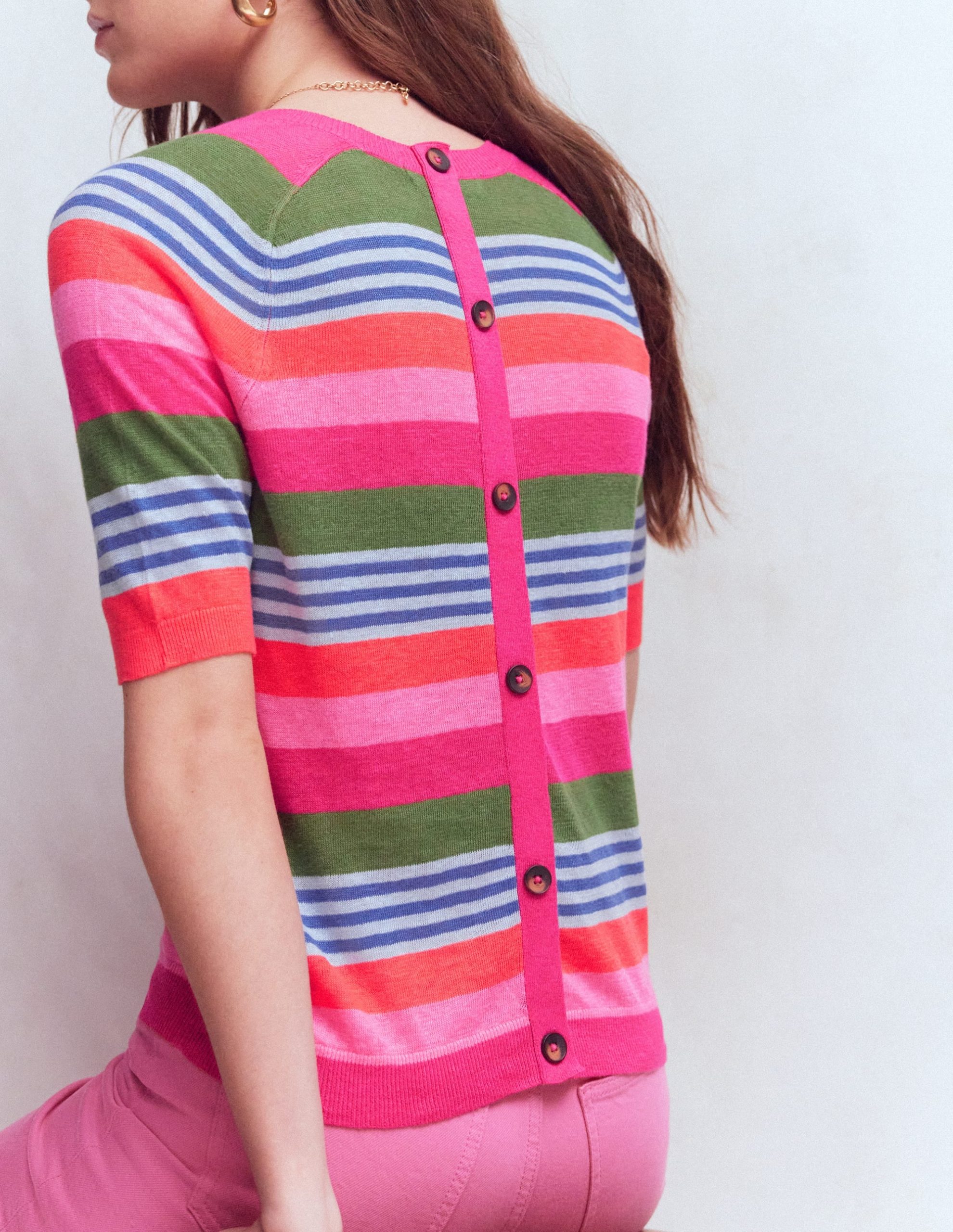 Agnes Linen Button T-Shirt-Multi Stripe - Image 3