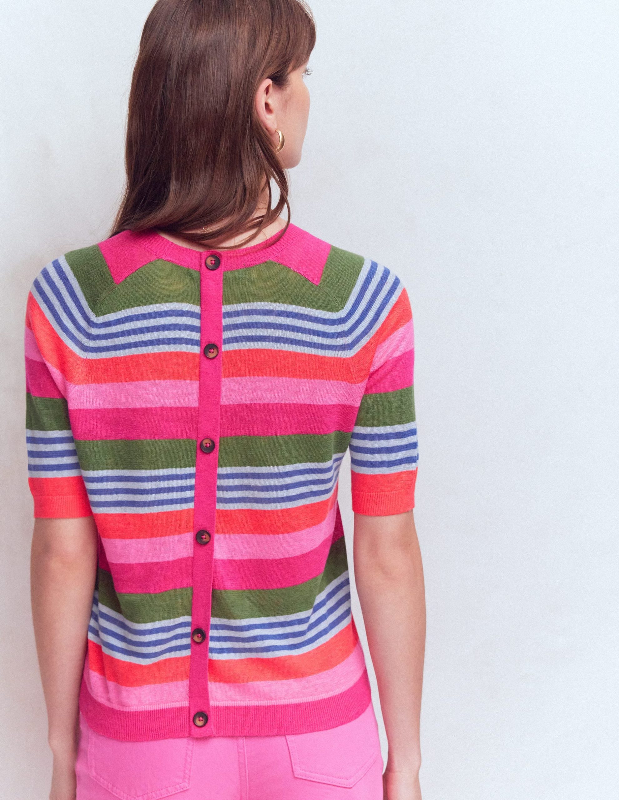 Agnes Linen Button T-Shirt-Multi Stripe - Image 5