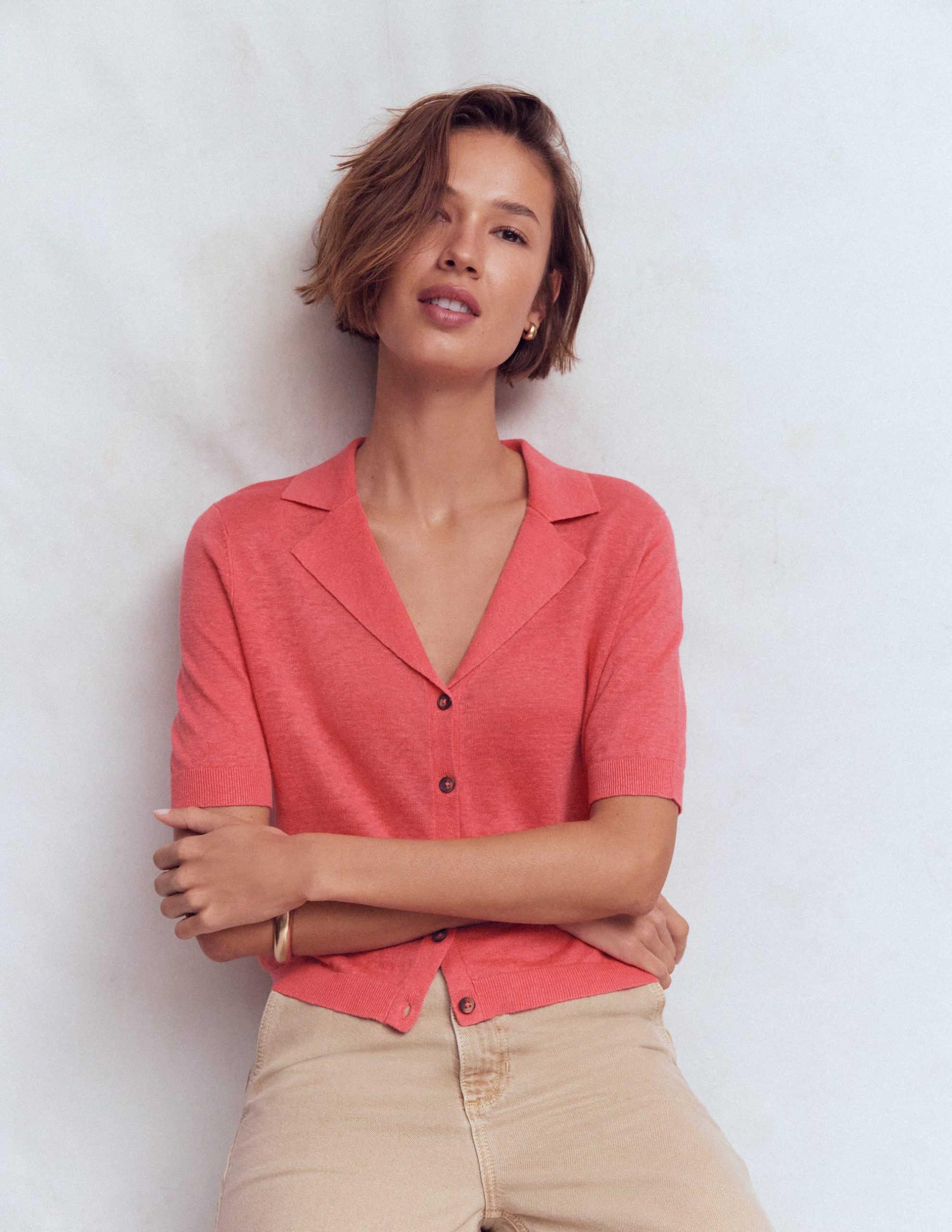 Agnes Collar Linen Cardigan-Coral - Image 4