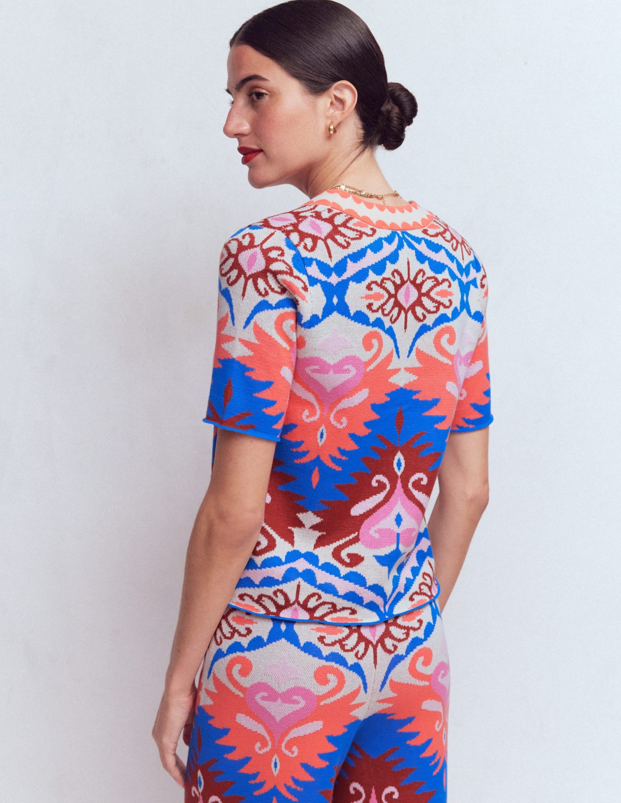 Short Sleeve Jacquard Cardigan-Aztec - Image 3