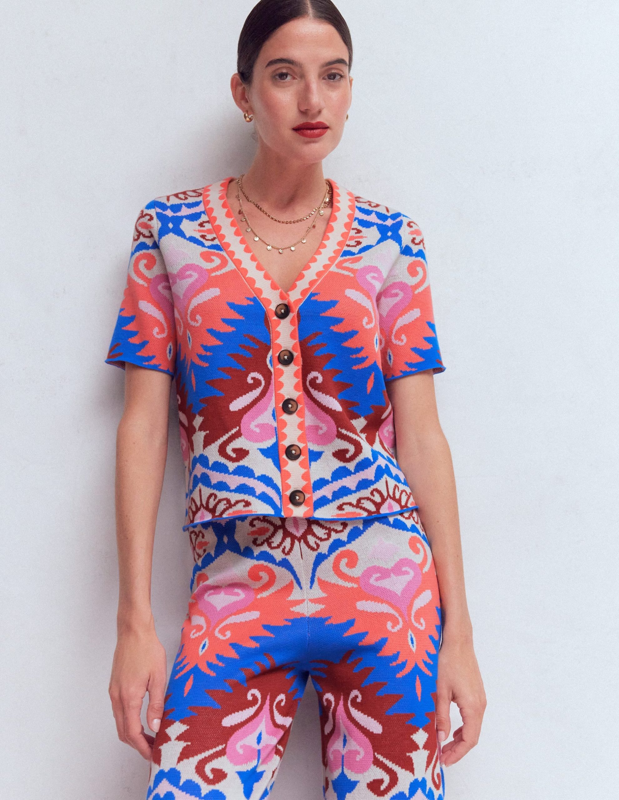 Short Sleeve Jacquard Cardigan-Aztec - Image 5