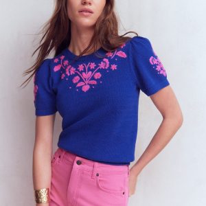 Monica Knitted T-Shirt-Blue Embroidery