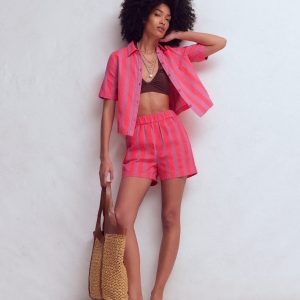 Pull On Double Cloth Shorts-Pink. Neon Coral Mid Stripe