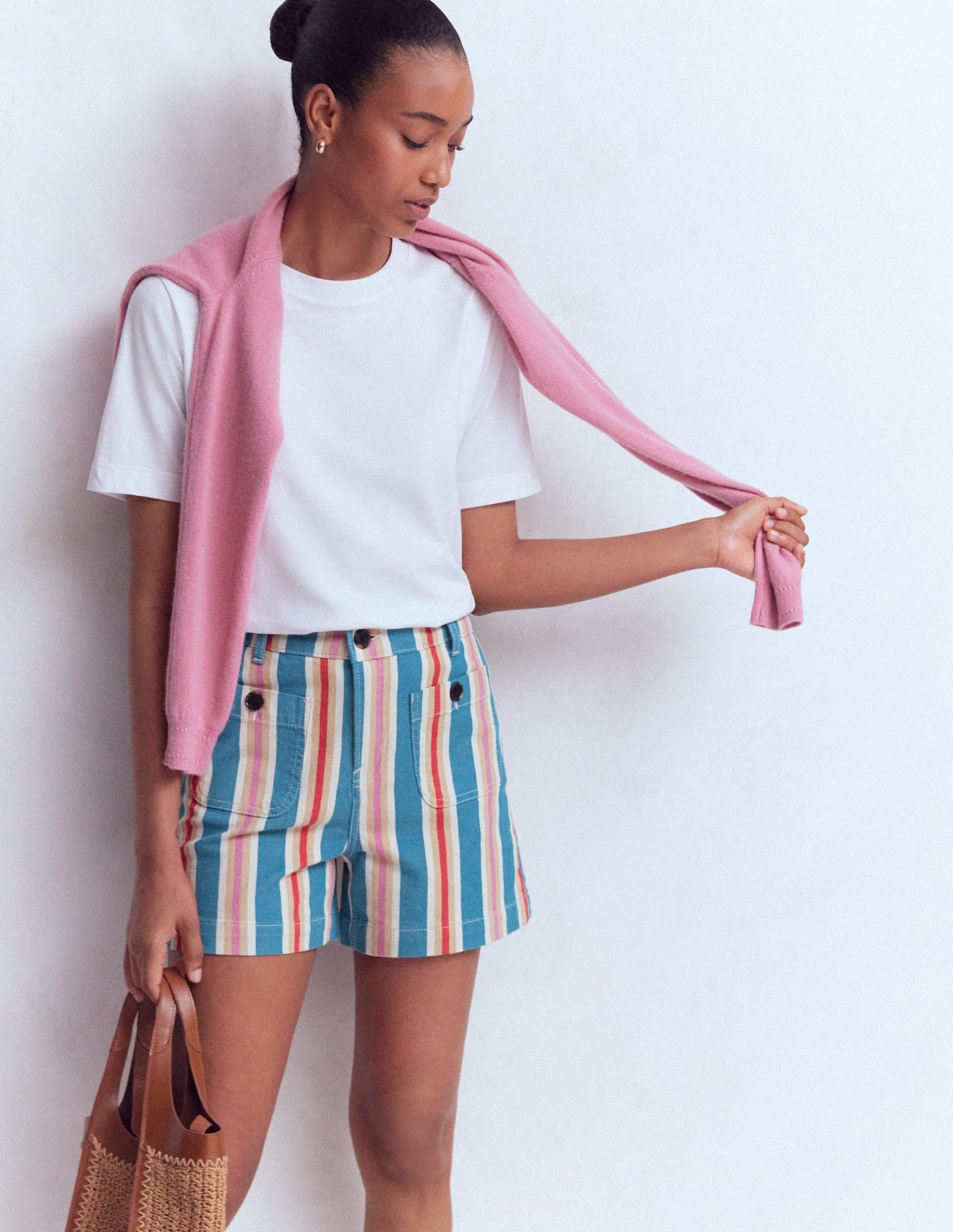 Primrose Denim Shorts-Blue. Pink. Red Multistripe