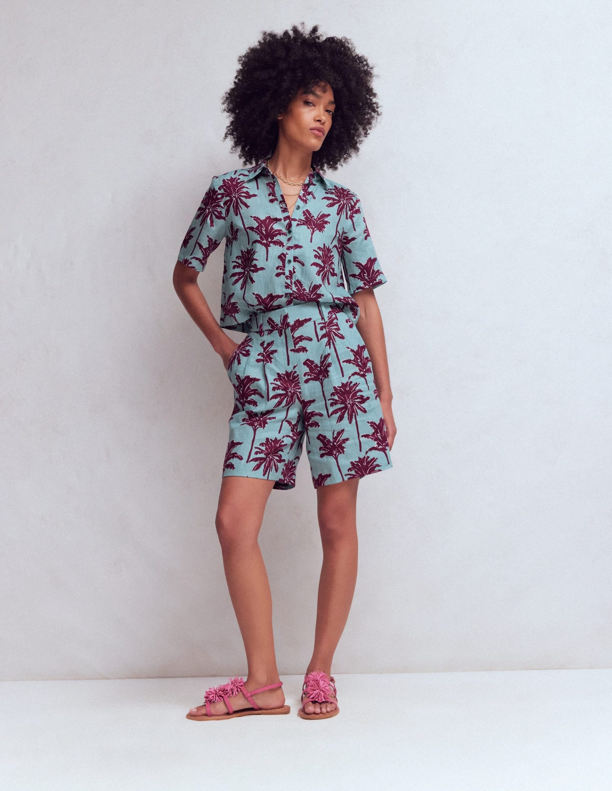 Kensington Linen Shorts-Seamist Blue. Palm Paradise