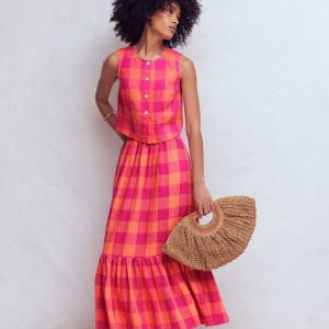 Abigail Linen Maxi Skirt-Zesty Orange. Pink Gingham