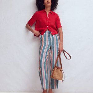 Islington Linen Crop Pants-Blue. Pink. Red Multistripe