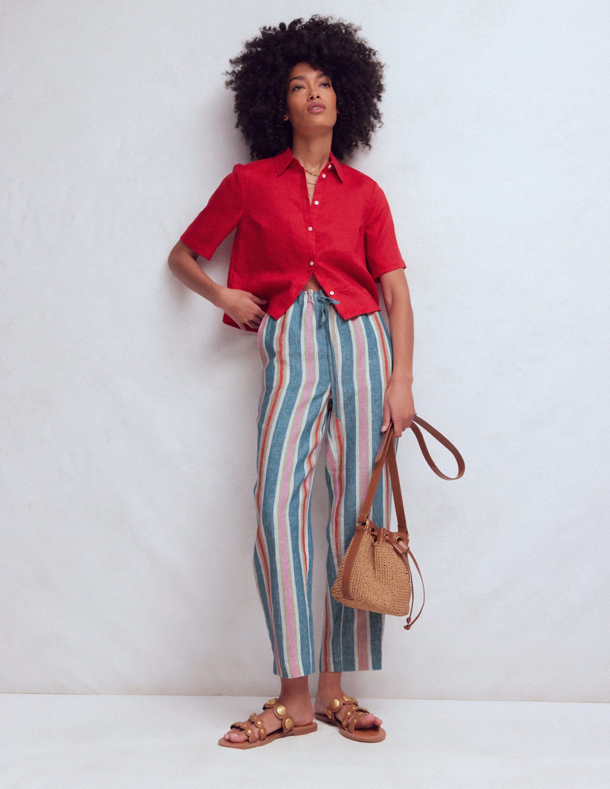 Islington Linen Crop Pants-Blue. Pink. Red Multistripe