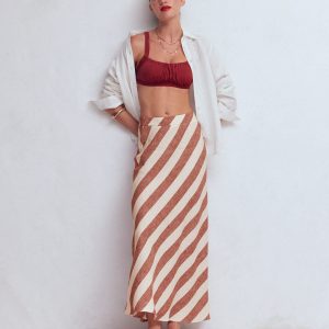 Bias Cut Linen Slip Skirt-Brown Diagonal Stripe