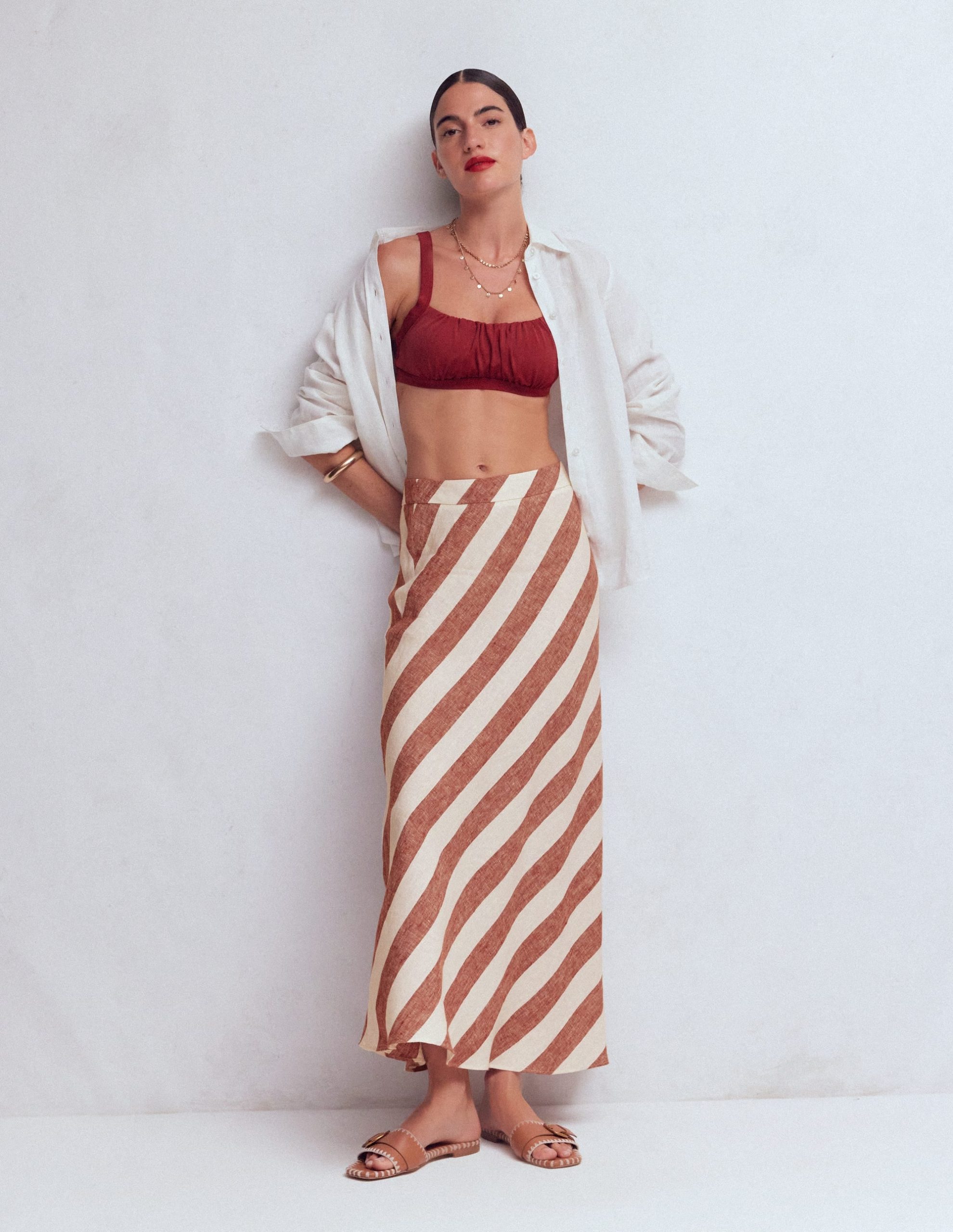 Bias Cut Linen Slip Skirt-Brown Diagonal Stripe