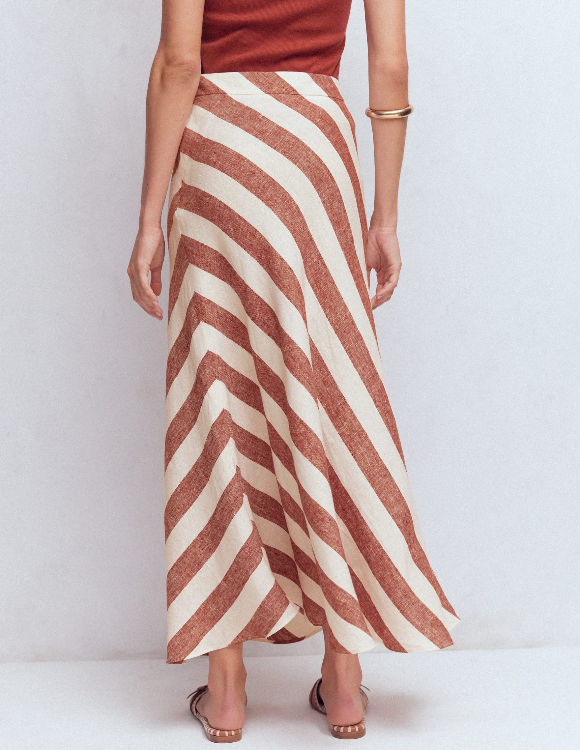 Bias Cut Linen Slip Skirt-Brown Diagonal Stripe - Image 3