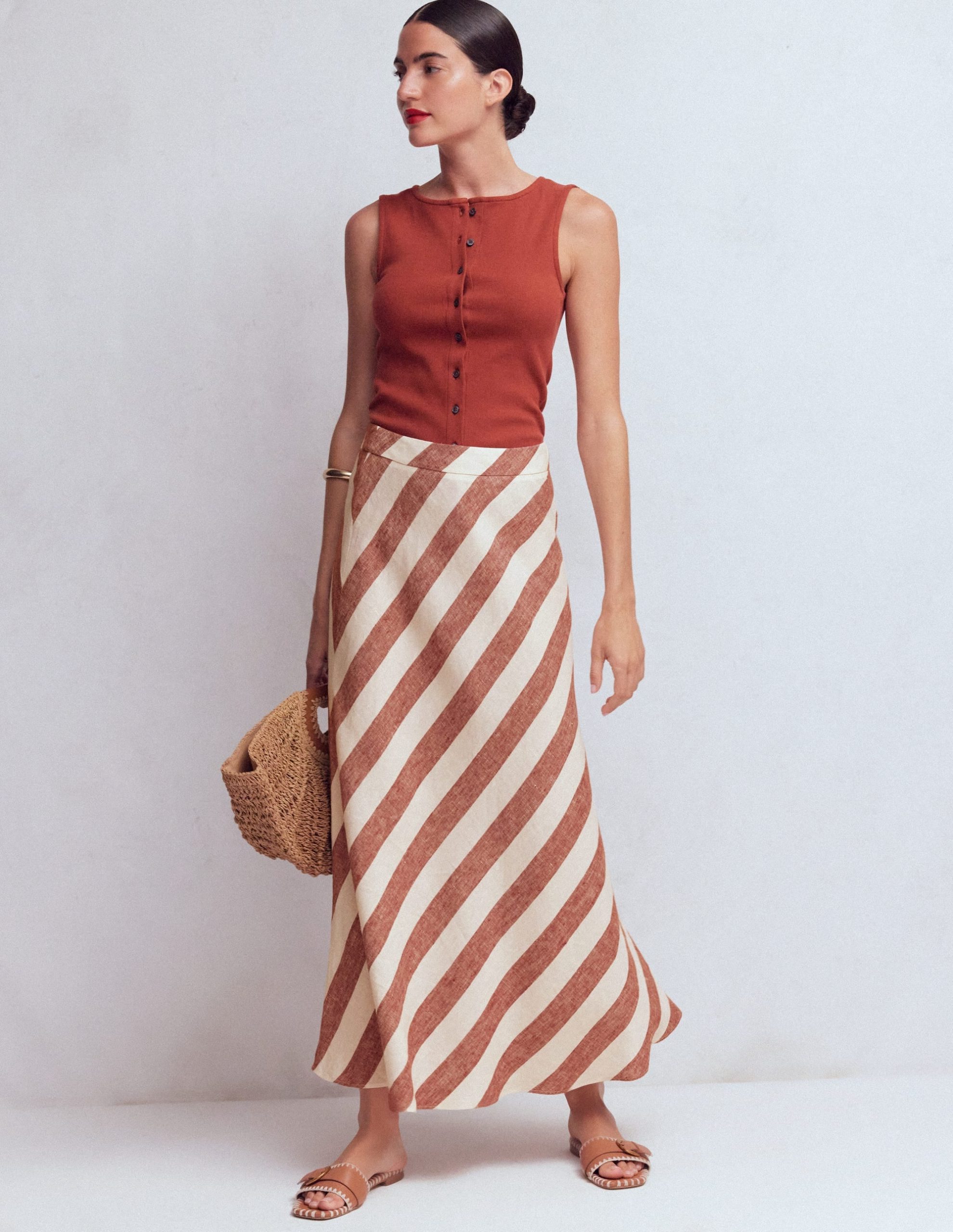 Bias Cut Linen Slip Skirt-Brown Diagonal Stripe - Image 5