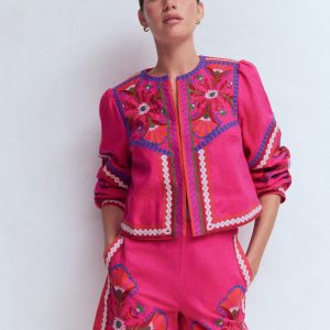 Embroidered Linen Shorts-Pink Peony. Embroidered