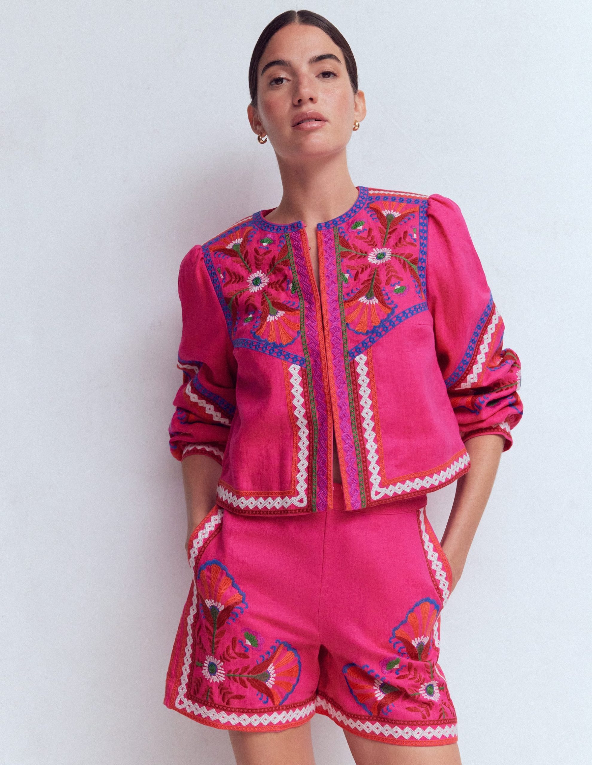 Embroidered Linen Shorts-Pink Peony. Embroidered