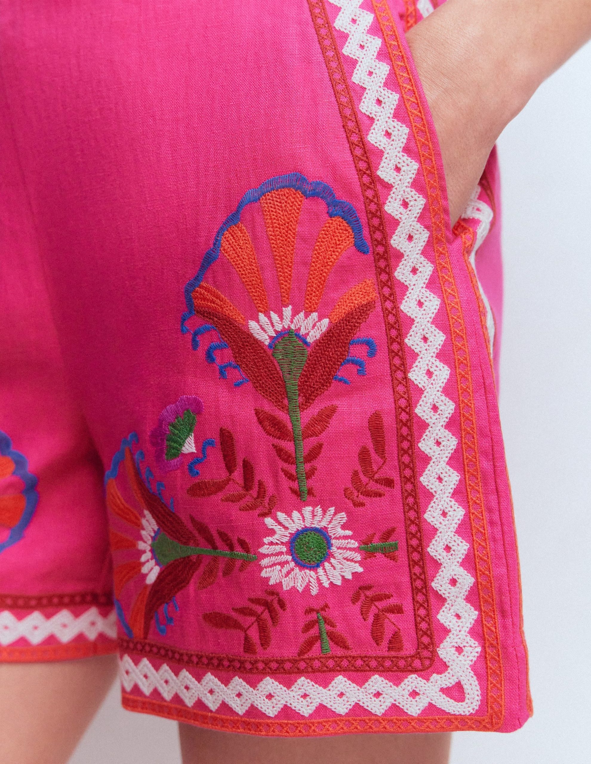 Embroidered Linen Shorts-Pink Peony. Embroidered - Image 2