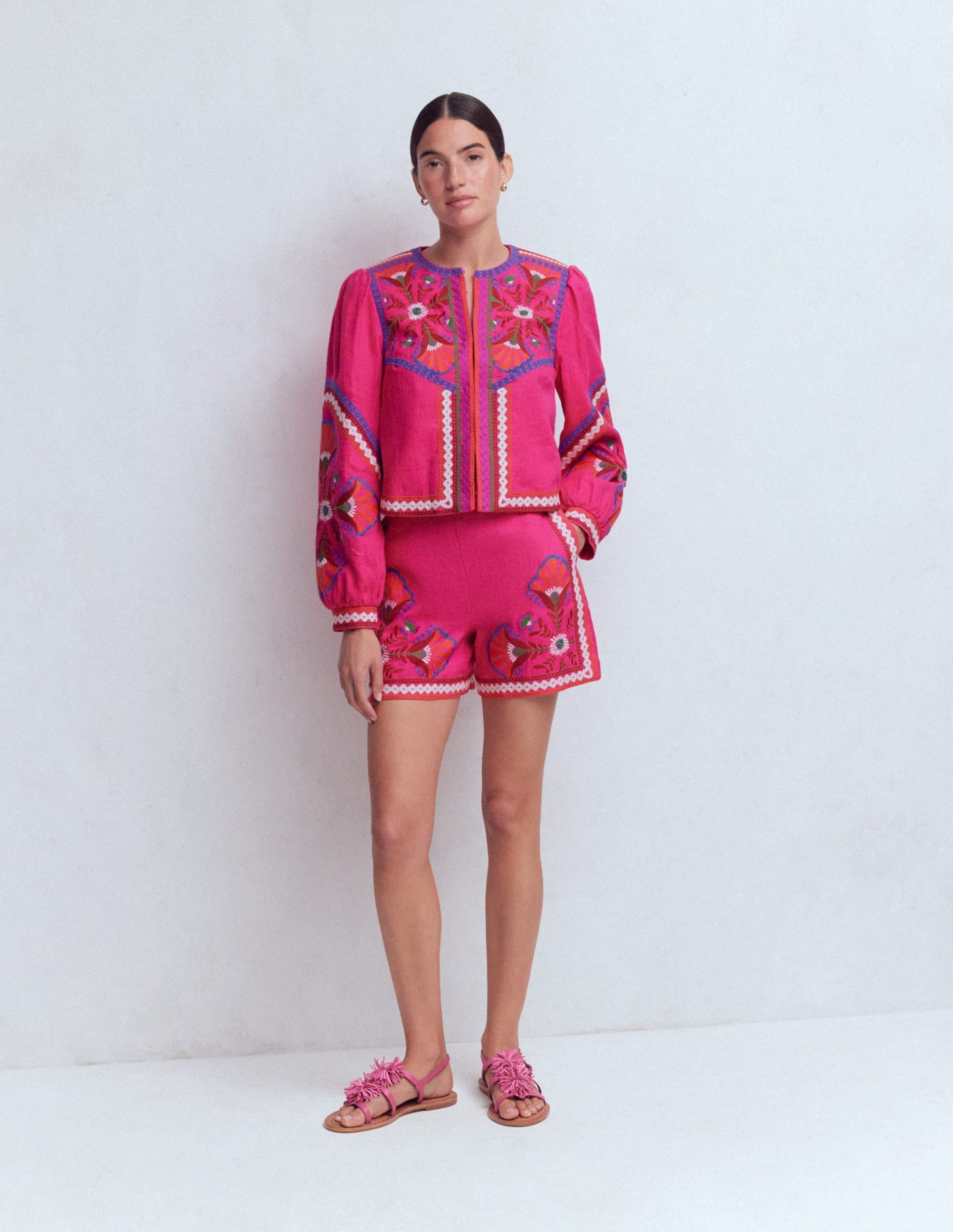 Embroidered Linen Shorts-Pink Peony. Embroidered - Image 4