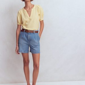 Pleat Front Denim Shorts-Light Vintage