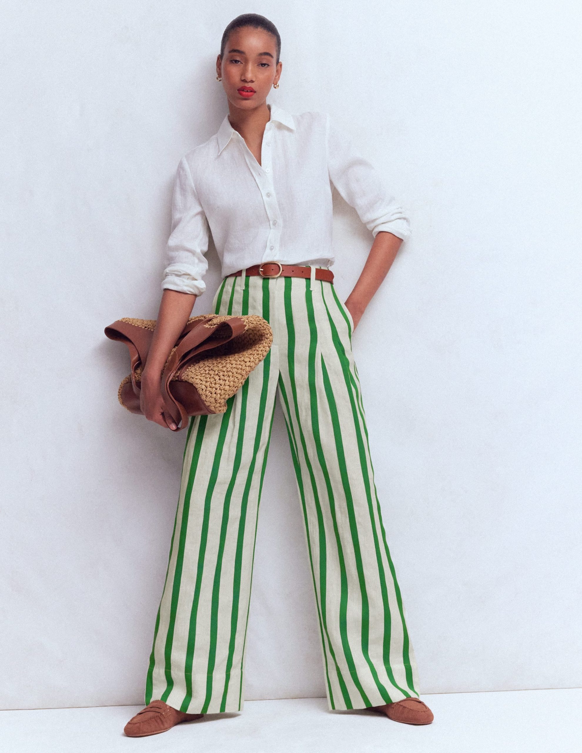 Mayfair Linen Pants-Ivory. Fresh Green Stripe