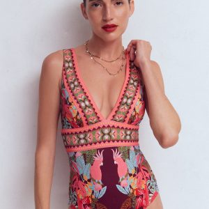 Porto V-neck Swimsuit-Chocberry. Tropical Safari