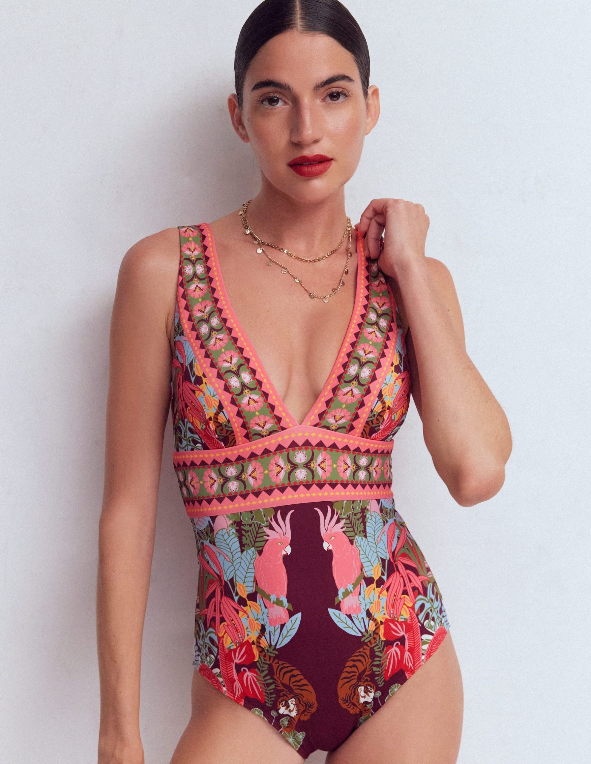 Porto V-neck Swimsuit-Chocberry. Tropical Safari