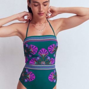 Paros Bandeau Swimsuit-Atlantic Blue. Embroidery