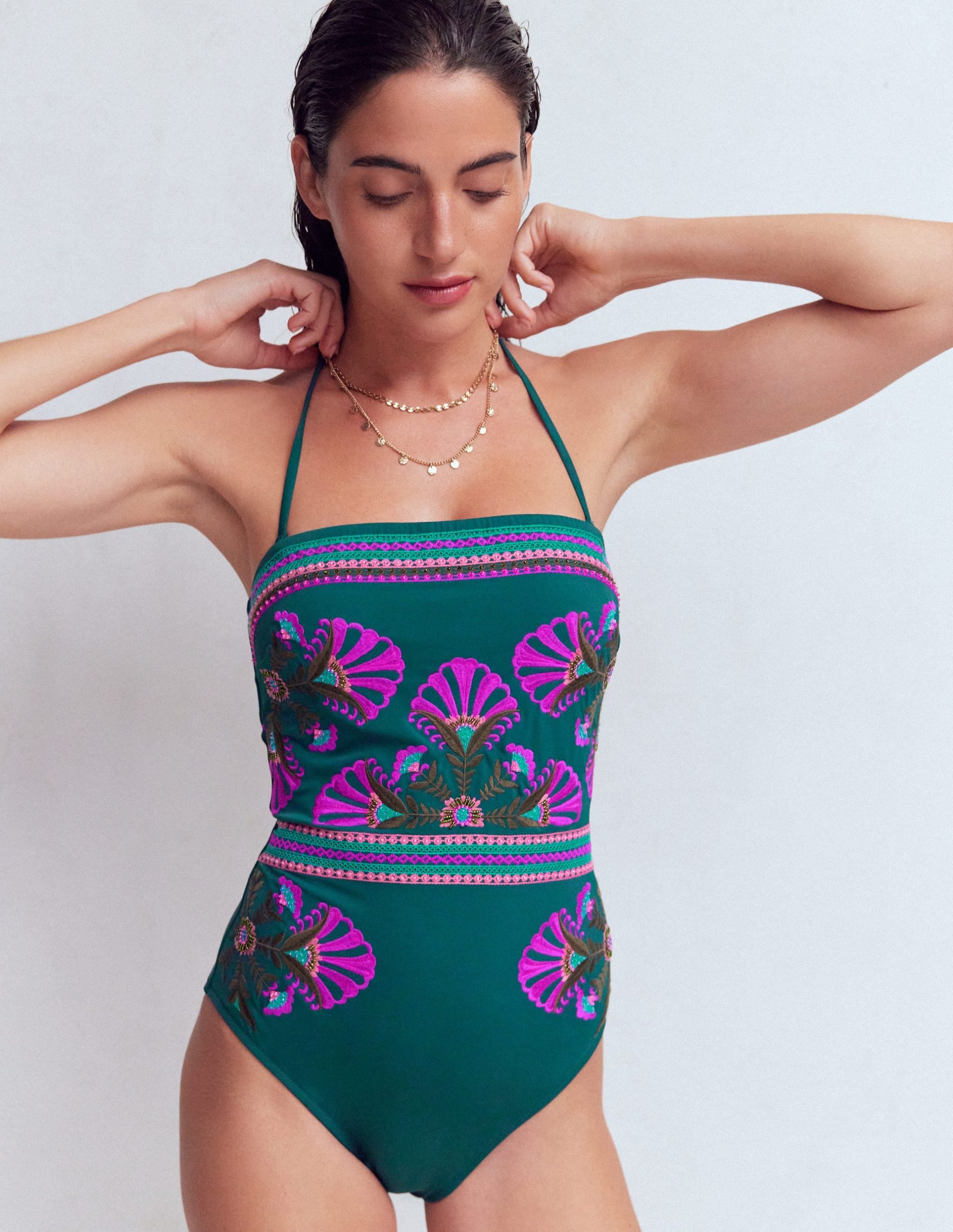 Paros Bandeau Swimsuit-Atlantic Blue. Embroidery