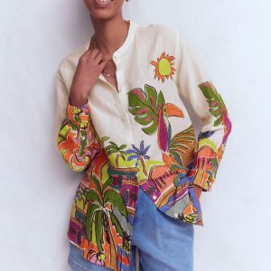 Longline Linen Shirt-Multi. Tropical Village
