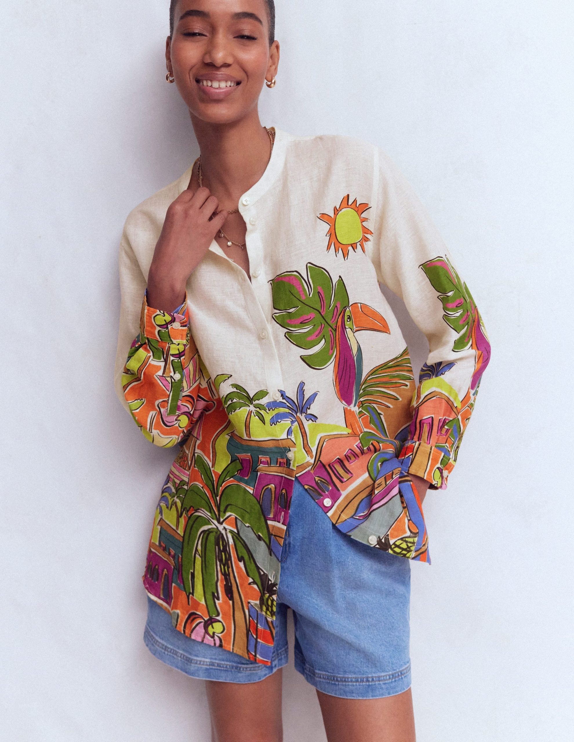 Longline Linen Shirt-Multi. Tropical Village