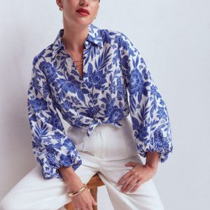 Puff Sleeve Linen Shirt-Sapphire Blue. Tigers Paradise