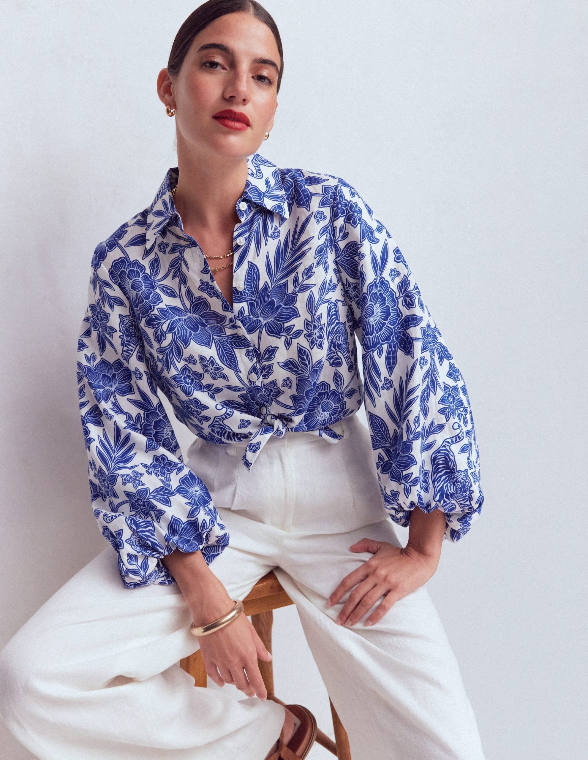 Puff Sleeve Linen Shirt-Sapphire Blue. Tigers Paradise