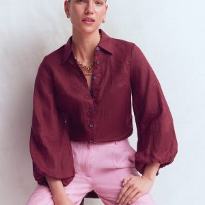 Puff Sleeve Linen Shirt-Deep Wisteria