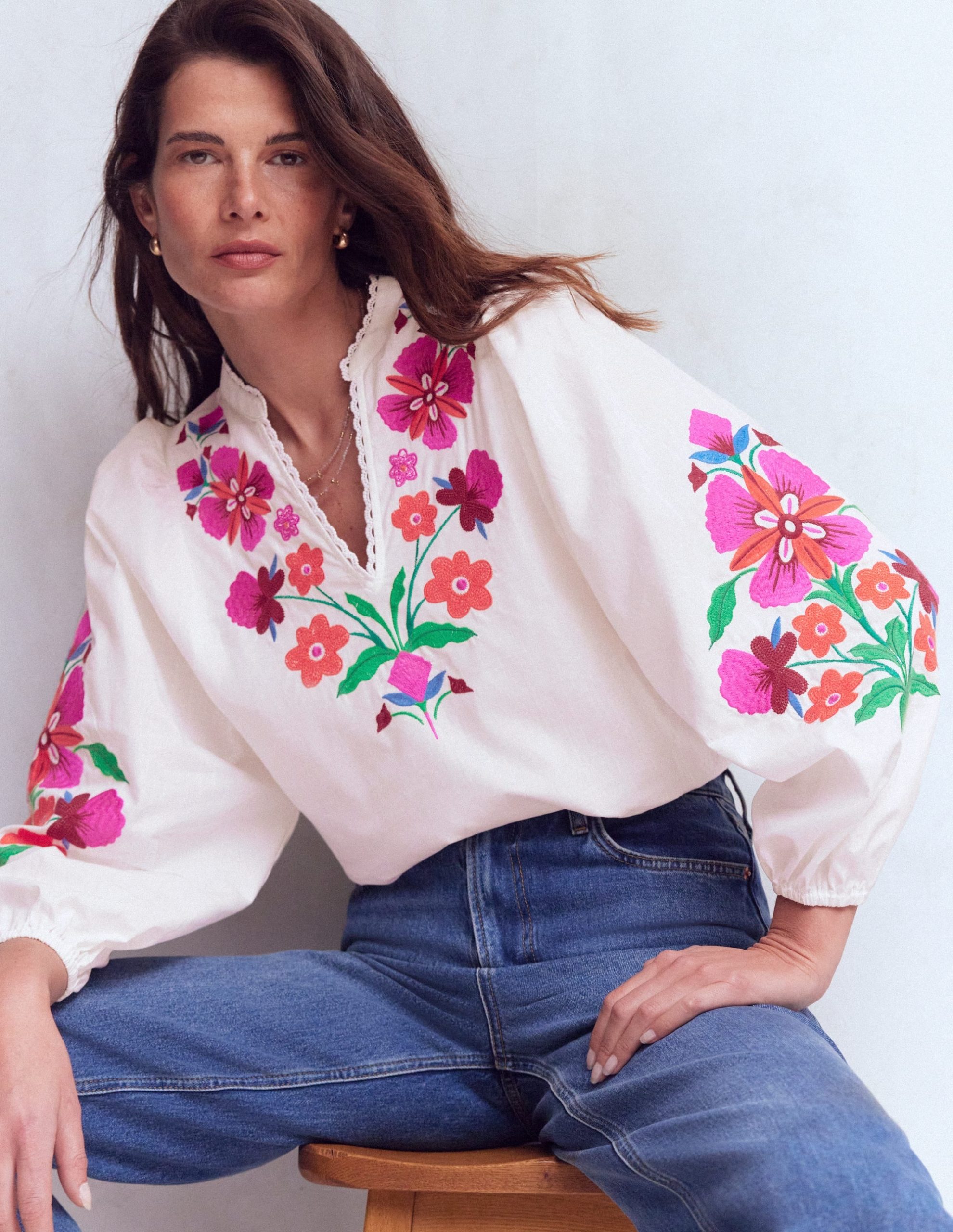 Embroidered Notch Neck Top-Placement Floral Embroidery - Image 2