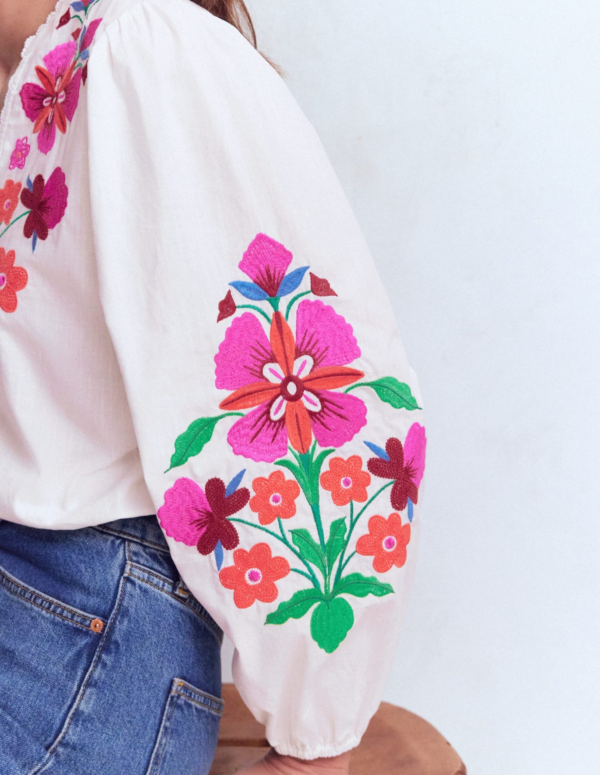 Embroidered Notch Neck Top-Placement Floral Embroidery - Image 3
