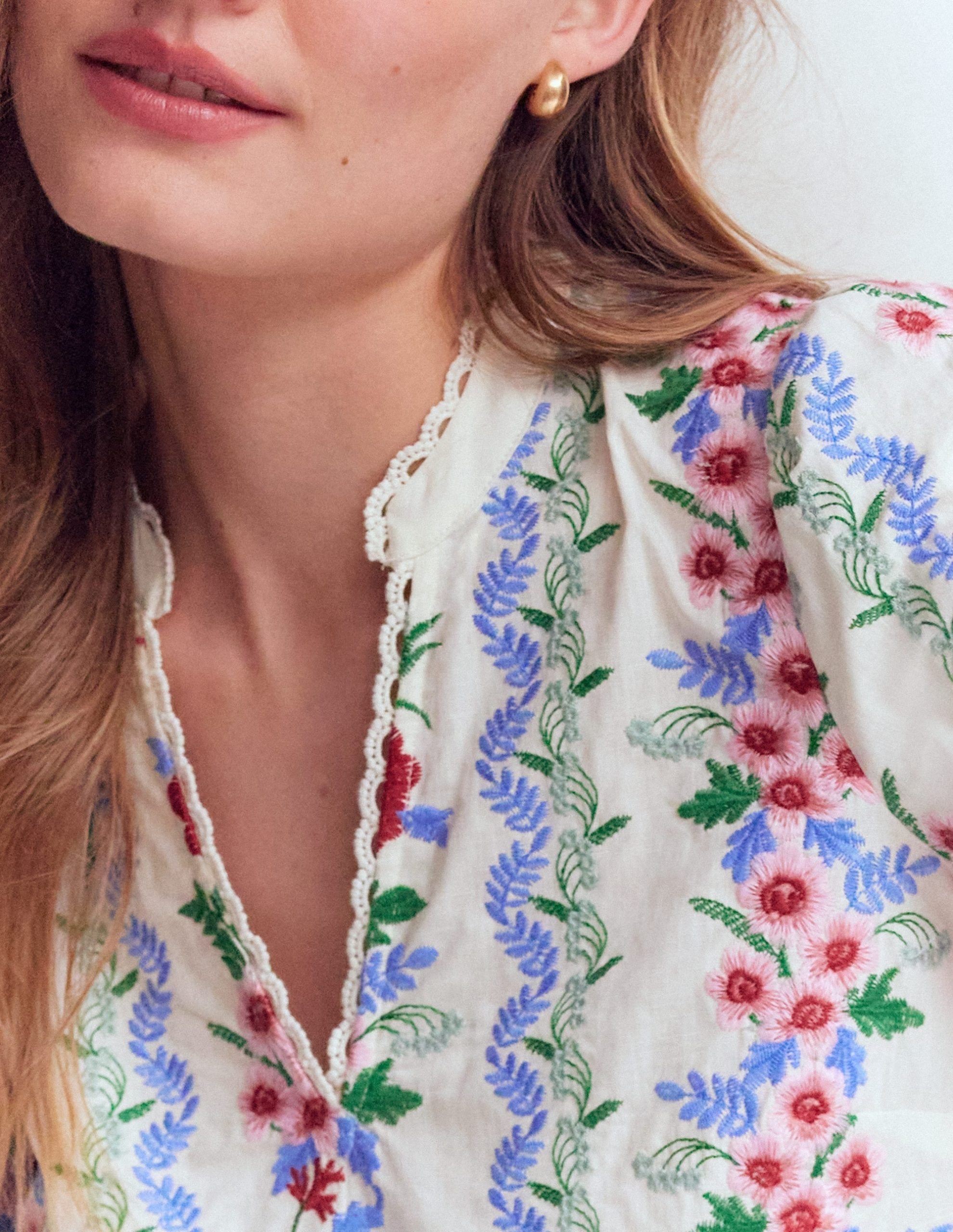 Embroidered Notch Neck Top-Floral Embroidery - Image 2