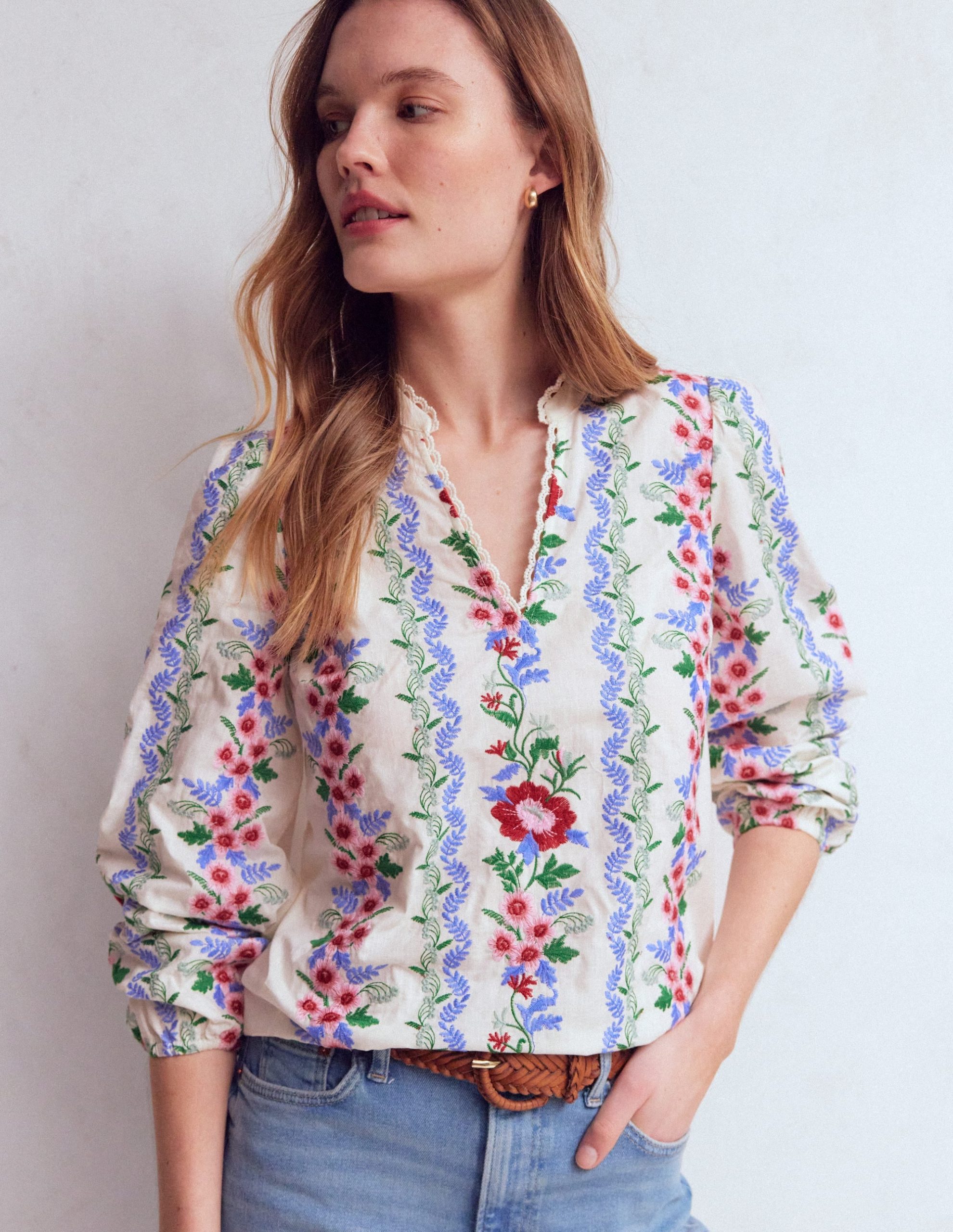 Embroidered Notch Neck Top-Floral Embroidery - Image 6