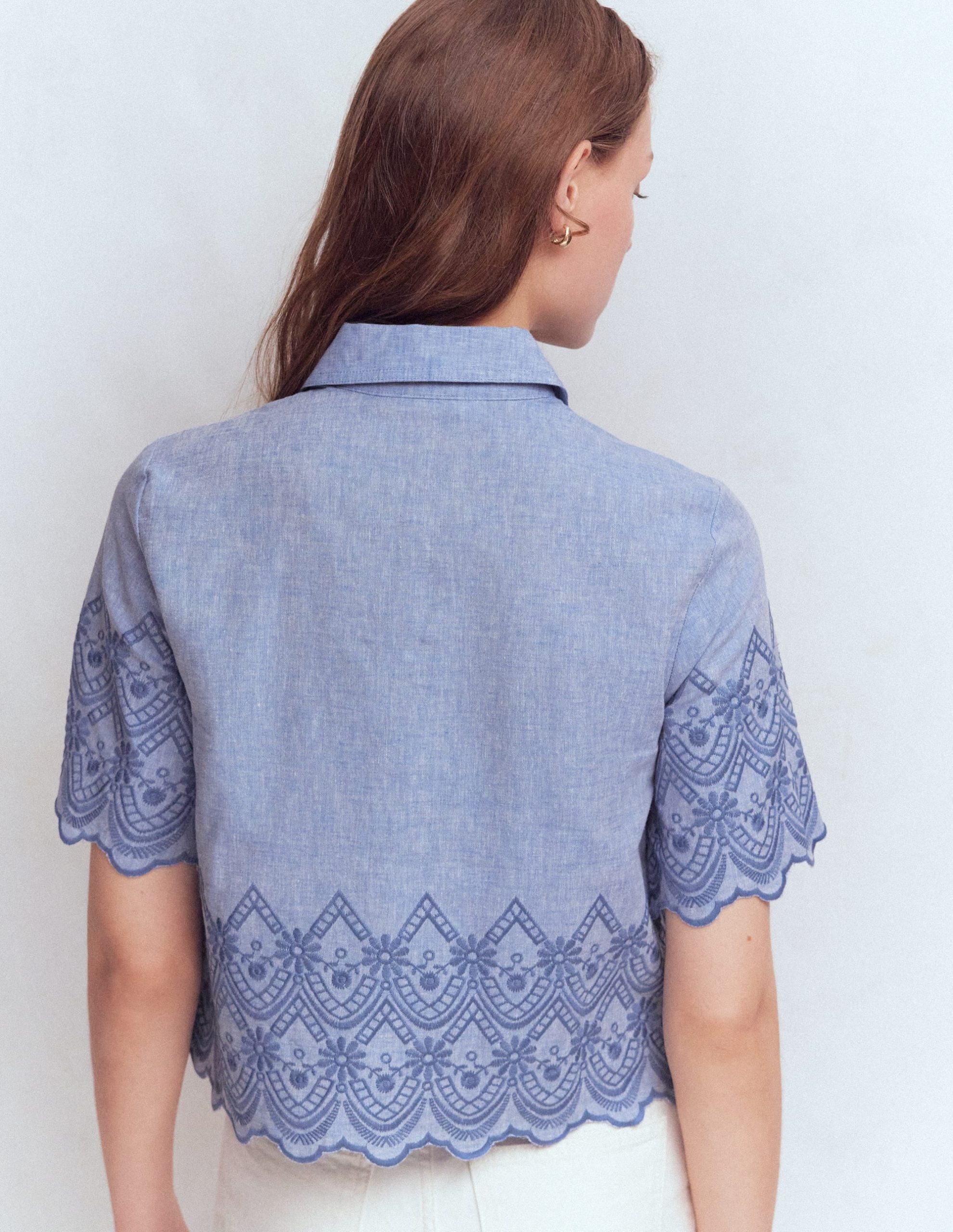 Short Sleeve Broderie Shirt-Chambray - Image 3