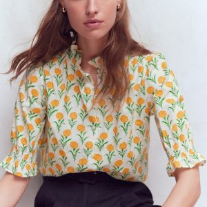 Heather Smocked Sleeve Top-Marigold. Carnation Stems