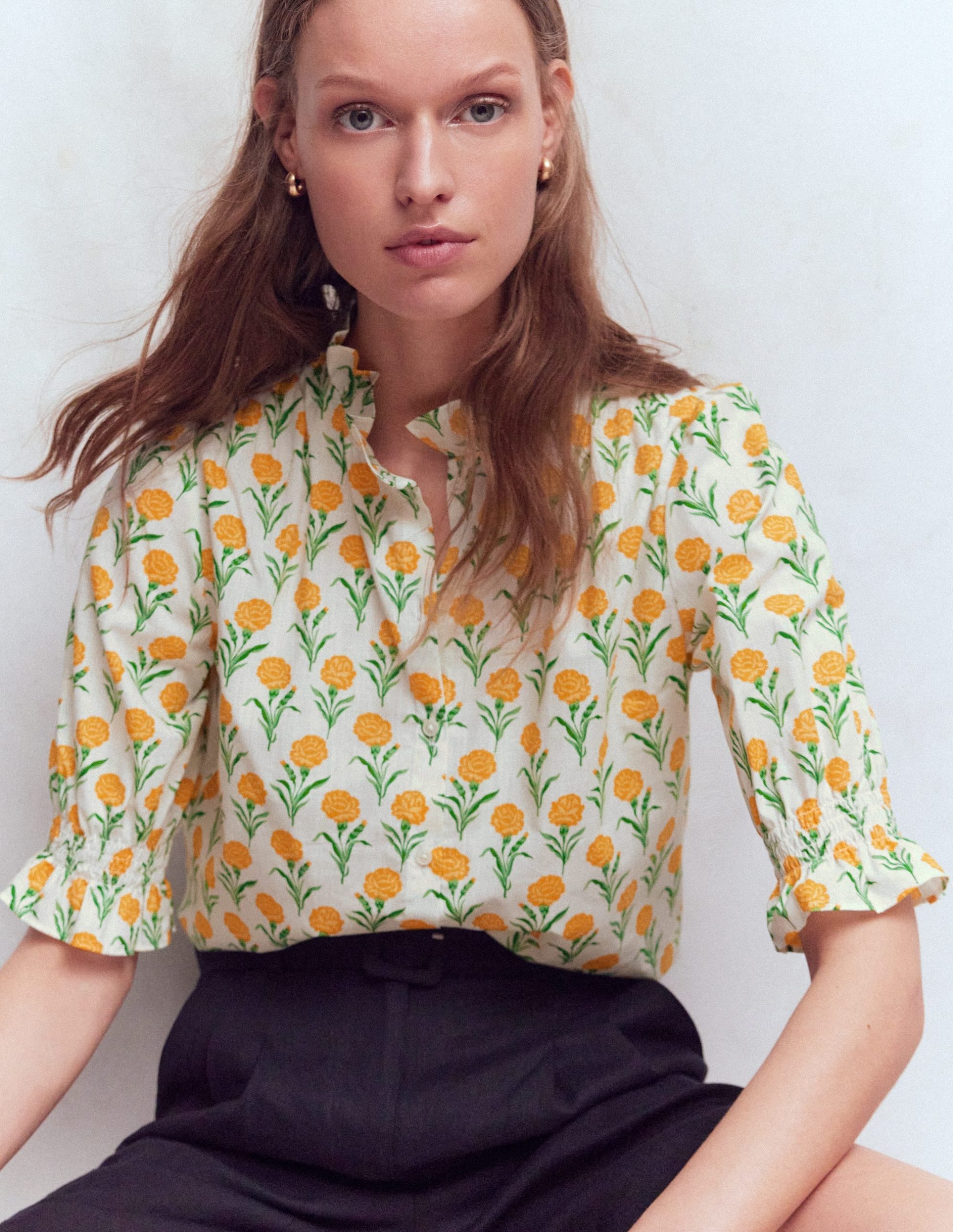 Heather Smocked Sleeve Top-Marigold. Carnation Stems