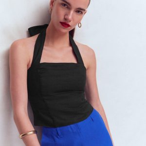 Halterneck Linen Top-Black