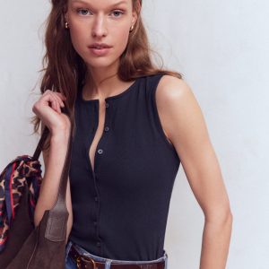 Evie Button Through Rib Vest-Navy