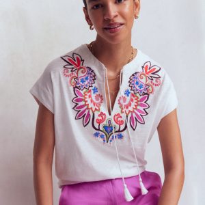Nina Embroidered Notch T-shirt-White - Multi Embroidery