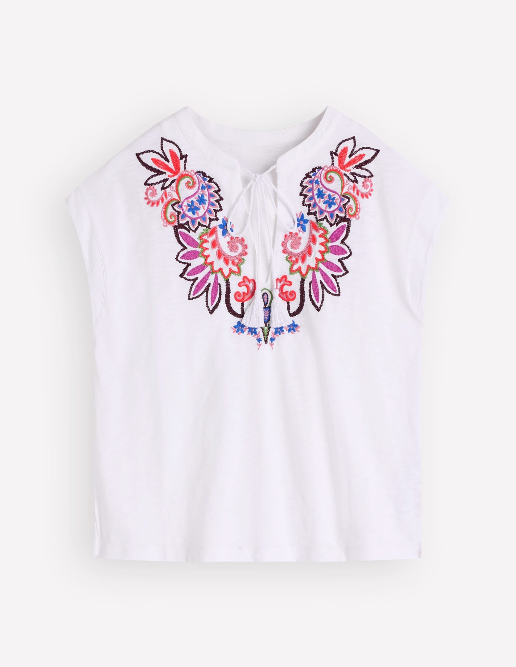 Nina Embroidered Notch T-shirt-White - Multi Embroidery - Image 6