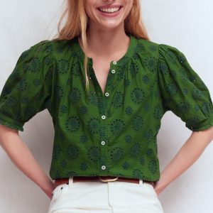 Camille Embroidered Cotton Top-Promenade Green Broderie