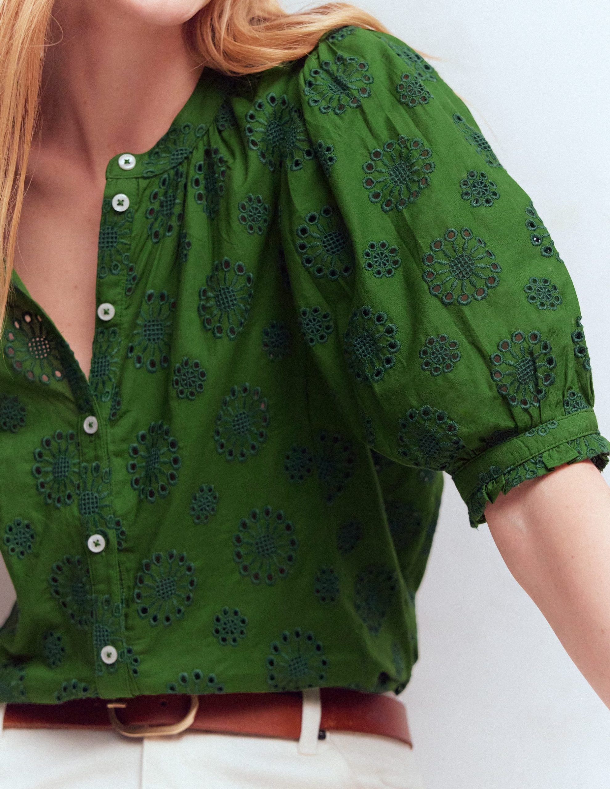 Camille Embroidered Cotton Top-Promenade Green Broderie - Image 2