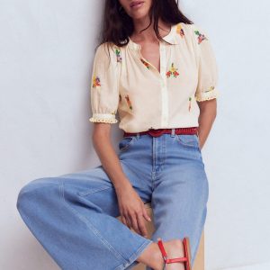 Camille Embroidered Cotton Top-Ivory Floral Embroidery