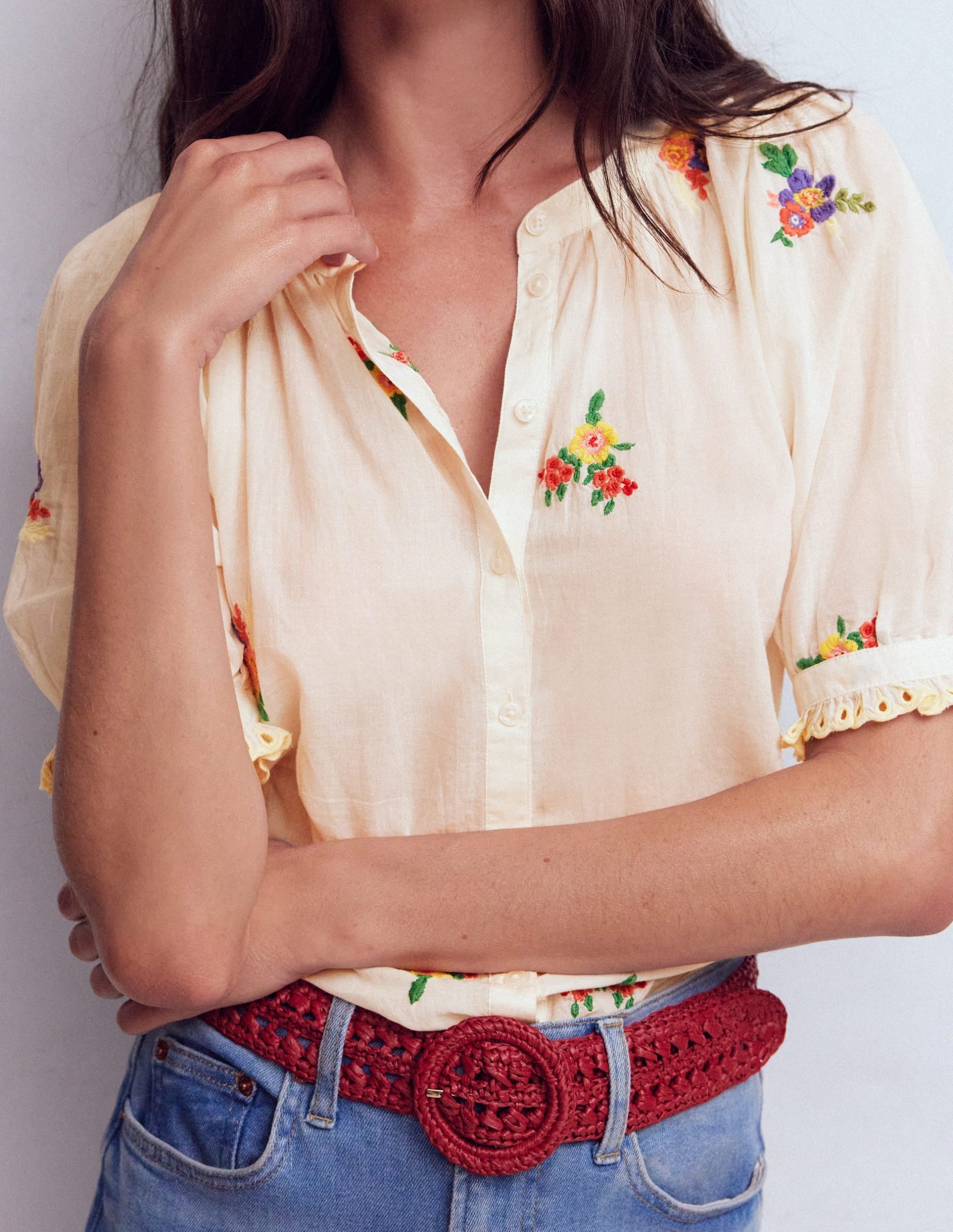 Camille Embroidered Cotton Top-Ivory Floral Embroidery - Image 2