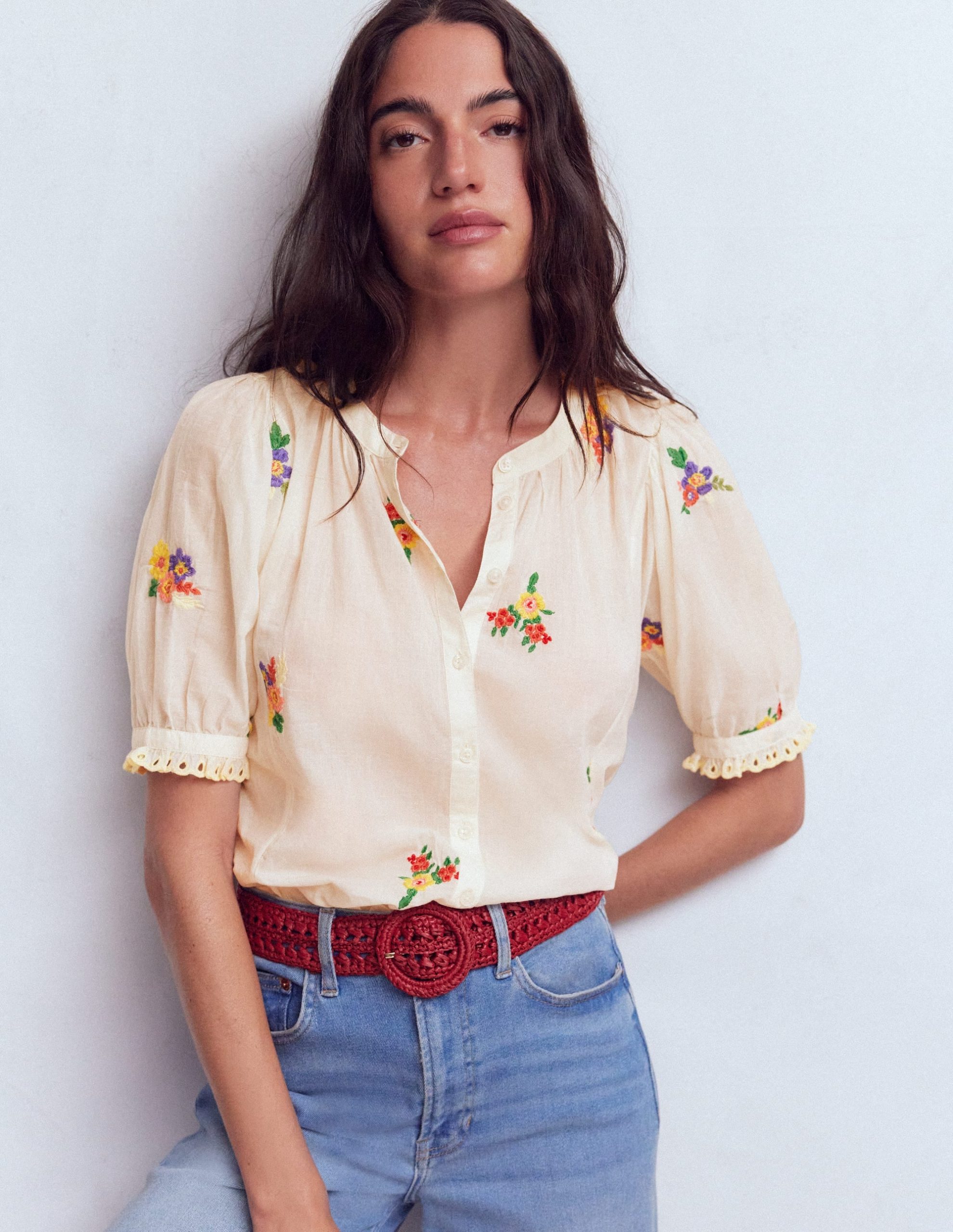 Camille Embroidered Cotton Top-Ivory Floral Embroidery - Image 4