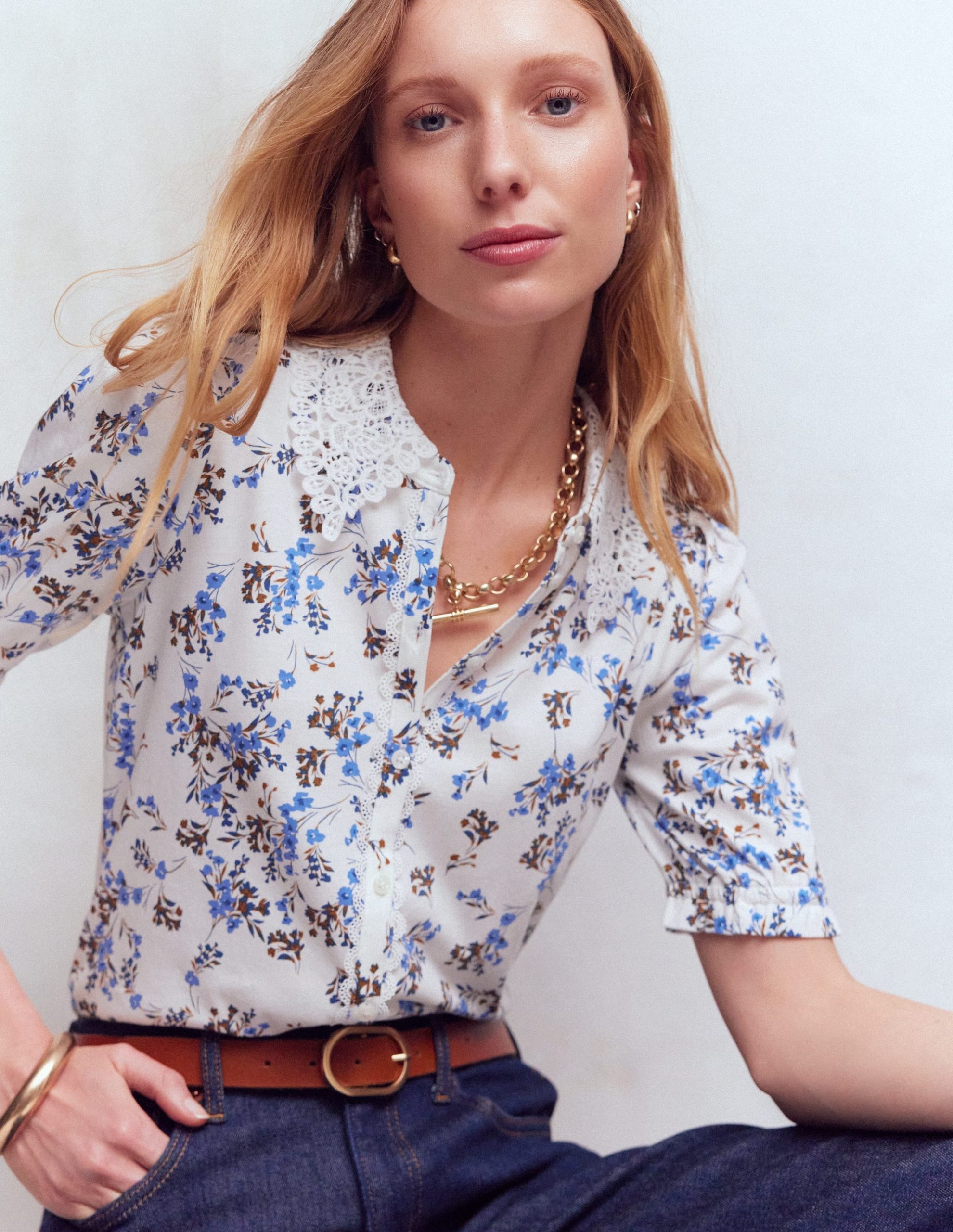 Nessa Broderie Collar Blouse-Ivory. Blue Bloom Scatter