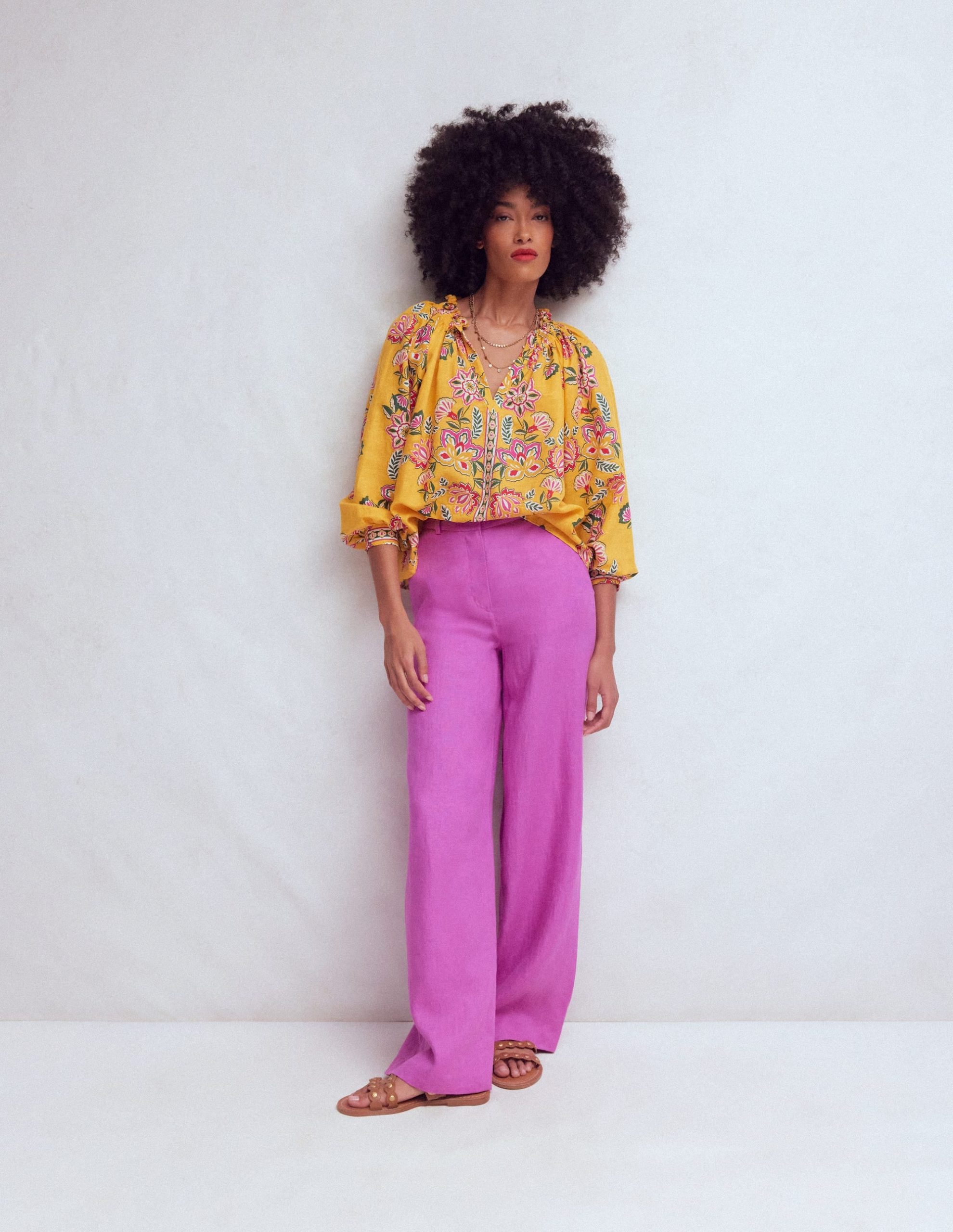 Serena Pleat Neck Linen Top-Marigold. Blossom Elegance